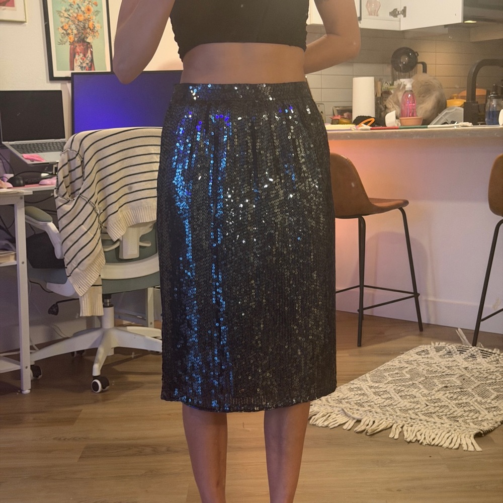 Sequined Navy Midi Skirt — Elegant Evening Circle Silhouette